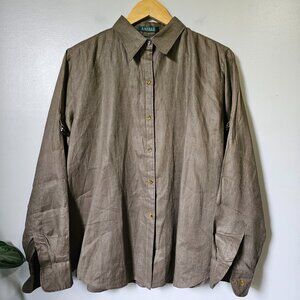 EUC LAUREN RALPH LAUREN 100% LINEN MOCHA LONGSLEEVES BUTTON DOWN SHIRT SZ L WMNS